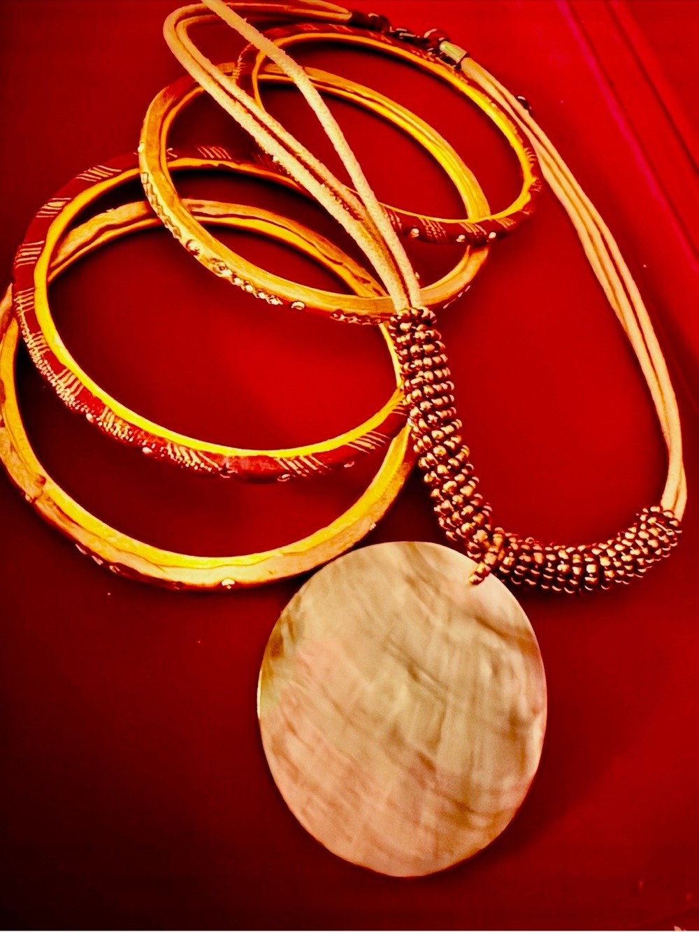 New Mother of Pearl Necklace with Designer Intricate Etched Bracelets